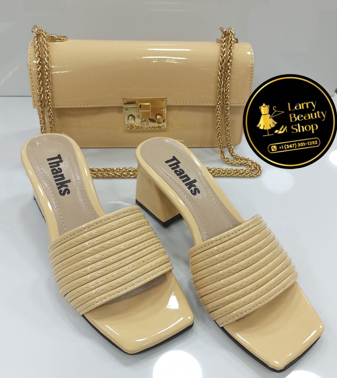 Nude Patent Slide & Chain Bag Set