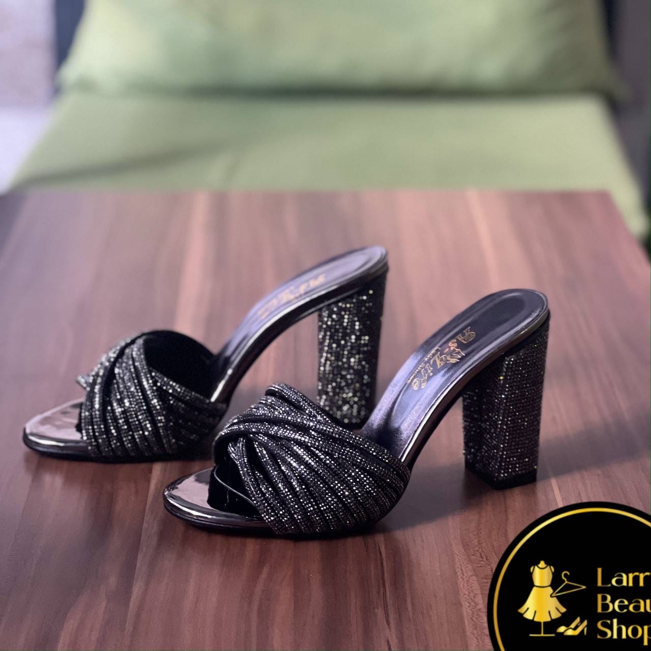 Black Crystal Knot Block Heel Mules